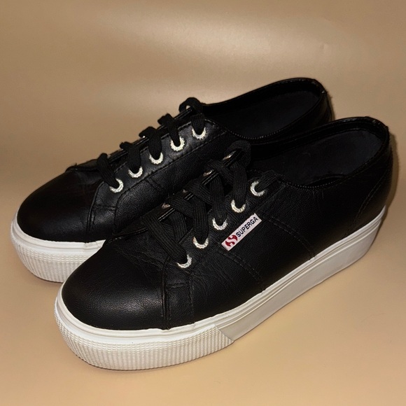 Superga Shoes - Superga Black Leather Platform Lace-Up Sneakers
